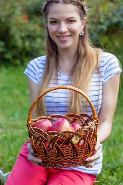 Jonge mooie vrouw ligt op het groene gras. Een meisje en een mandje van rode appels. Warm voorjaar. — Stockfoto