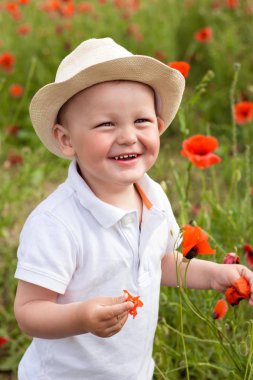 Sevimli küçük çocuk rahatlatıcı haşhaş alanındaki.