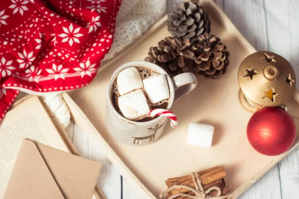 Humor de Navidad. Acogedor desayuno de Navidad. Plaid, una bandeja, una taza de cacao caliente, malvaviscos. El libro y la tarjeta de Navidad . — Foto de Stock