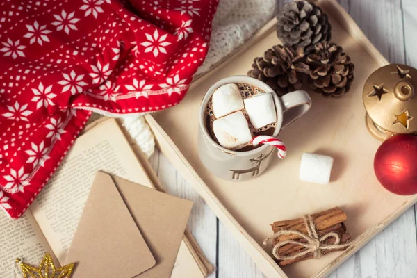 L'umore natalizio. Accogliente colazione di Natale. Plaid, un vassoio, una tazza di cioccolata calda, marshmallow. Il libro e la cartolina di Natale . — Foto Stock