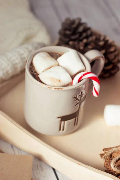 Weihnachtsstimmung. Gemütliches Weihnachtsfrühstück. Plaid, ein Tablett, ein Becher heißen Kakao, Marshmallows. das Buch und die Weihnachtskarte. — Stockfoto