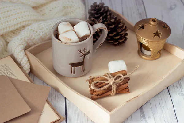 Christmas mood. Cozy Christmas breakfast. Plaid, a tray, a mug of hot cocoa, marshmallows. The book and Christmas card. — Stock Photo, Image