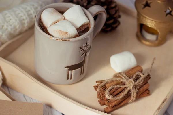 Weihnachtsstimmung. Gemütliches Weihnachtsfrühstück. Plaid, ein Tablett, ein Becher heißen Kakao, Marshmallows. das Buch und die Weihnachtskarte. — Stockfoto