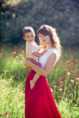 Güzel bir aile haşhaş alanına yürüyor. Küçük oğlu olan genç bir anne yürüyor. Yaz. Bahar.