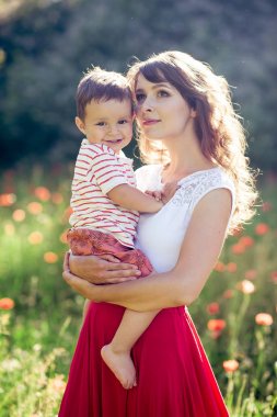Güzel bir aile haşhaş alanına yürüyor. Küçük oğlu olan genç bir anne yürüyor. Yaz. Bahar.