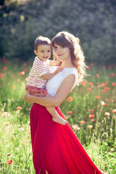 Güzel bir aile haşhaş alanına yürüyor. Küçük oğlu olan genç bir anne yürüyor. Yaz. Bahar.
