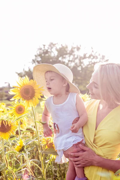 Family is walking along the summer flowering field. Happy mother and daughter in the sun. Summer. Sunflowers. — Stock Photo, Image