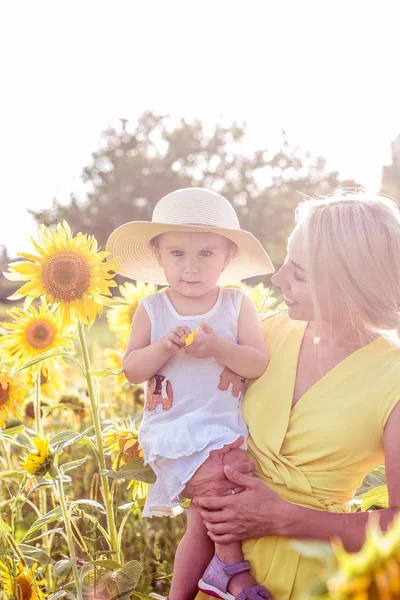 Family is walking along the summer flowering field. Happy mother and daughter in the sun. Summer. Sunflowers. — Stock Photo, Image