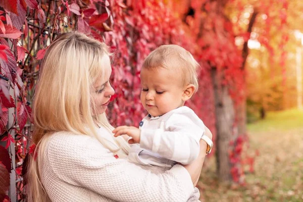 Beautiful young mom and young son walk. Mom and young son walk in autumn Park. Red autumn leaves. Warm autumn. — Stock Photo, Image