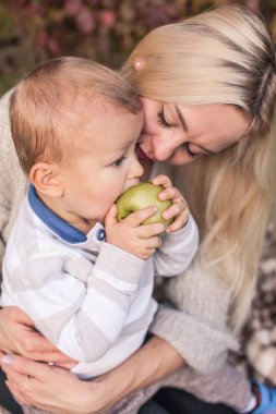Güzel genç anne ve genç oğlu yürümek. Anne ve oğlunun sonbahar Park yürüyün. Sıcak sonbahar. Piknik.