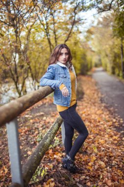 Mutlu kız sarı sonbahar park arka plan üzerinde trendy paltolu bir gülümsemeyle. Sonbahar Park'ta güzel bir kadın. Açık portra