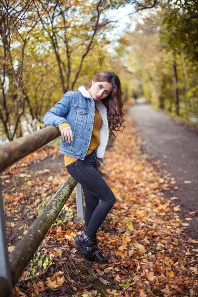 Szczęśliwa dziewczyna z uśmiechem w modny płaszcz na tle żółty jesienny Park. Piękna kobieta w jesienny park. Zewnątrz portra — Zdjęcie stockowe