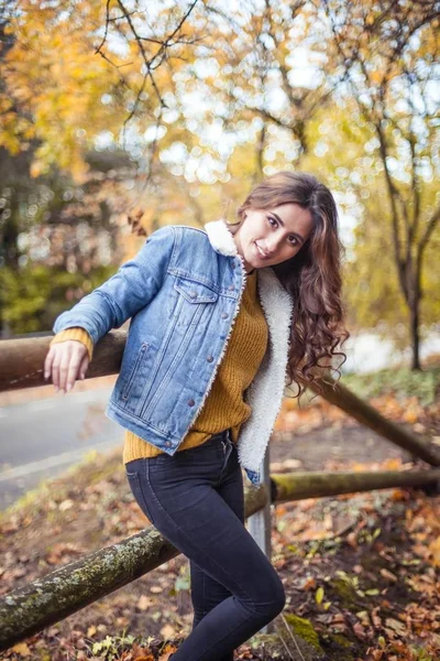 Šťastná dívka s úsměvem v moderní kabát na pozadí žluté podzimní parku. Krásná žena v podzimním parku. Venkovní portra — Stock fotografie