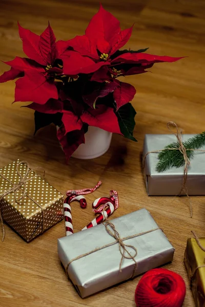 L'umore natalizio. Natale. Regali, addobbi natalizi. Vacanze. L'ultimo dell'anno. Scatola. Cacao con marshmallow . — Foto Stock