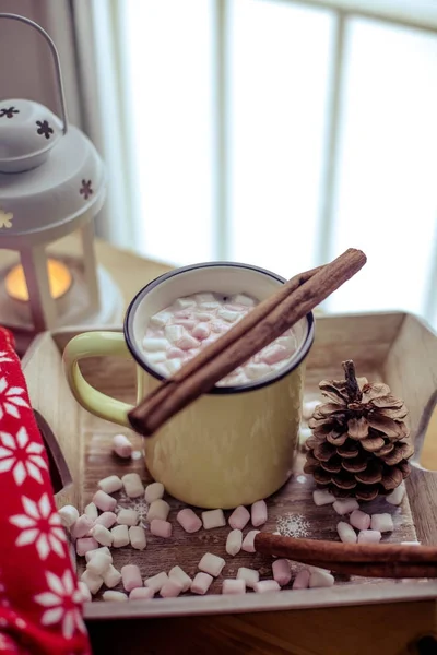 Mug of hot cocoa with marshmallow. Breakfast by the window. Christmas mood. Holidays. A cozy evening. Winter evening. Autumn. — Stock Photo, Image