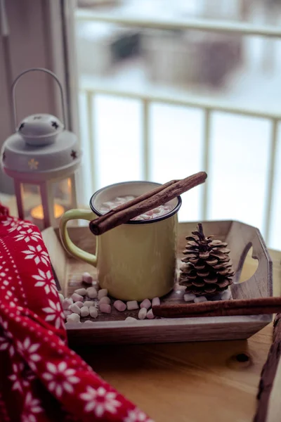 Mug of hot cocoa with marshmallow. Breakfast by the window. Christmas mood. Holidays. A cozy evening. Winter evening. Autumn. — Stock Photo, Image
