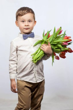 Bir buket çiçek tutan şirin ufaklık. Lale. Anneler günü. Uluslararası Kadınlar Günü. Mutlu bir çocuğun portresi