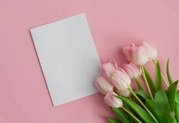 Un ramo de tulipanes, una tarjeta de regalo sobre un fondo rosa. Un regalo. Una caja con un regalo. Día Internacional de la Mujer. Vacaciones. Primavera . — Foto de Stock