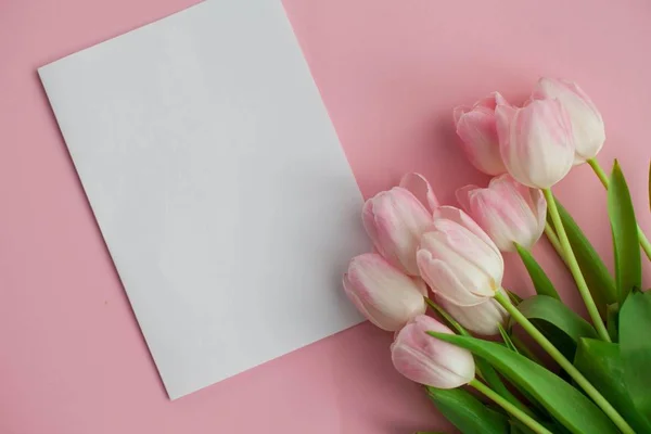 Un ramo de tulipanes, una tarjeta de regalo sobre un fondo rosa. Un regalo. Una caja con un regalo. Día Internacional de la Mujer. Vacaciones. Primavera . — Foto de Stock