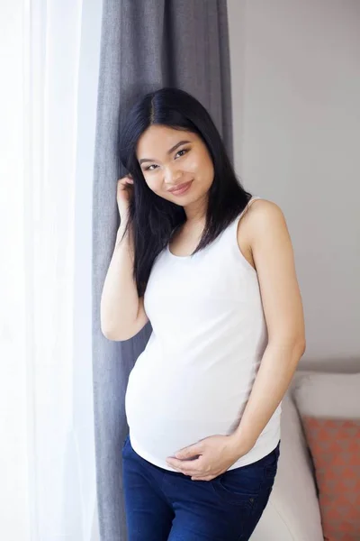 Bella giovane asiatica donna incinta in piedi vicino alla finestra e toccando la pancia. Gravidanza. Salute. La maternità. Un ritratto accogliente di una donna incinta. Accogliente . — Foto Stock