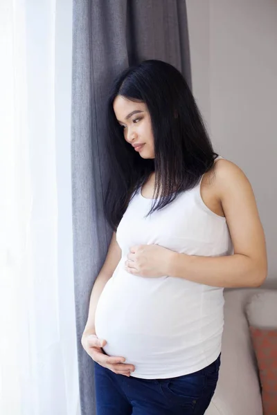 Bella giovane asiatica donna incinta in piedi vicino alla finestra e toccando la pancia. Gravidanza. Salute. La maternità. Un ritratto accogliente di una donna incinta. Accogliente . — Foto Stock