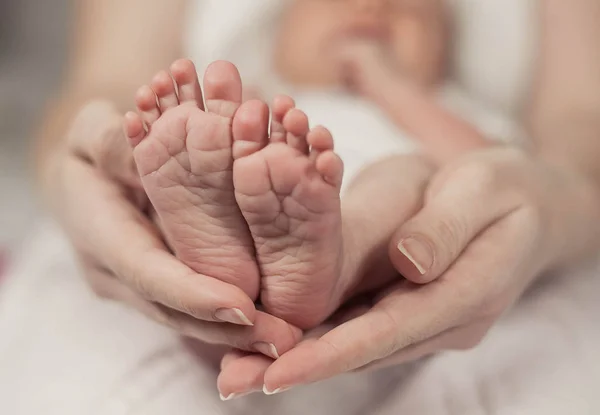 关闭新生婴儿脚。婴儿的脚在母亲的手中。宝贝。舒适。爱。家庭. — 图库照片