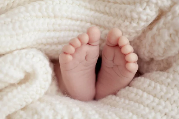 Close up of newborn baby feet. Baby. Cozy. Love. Family. — Stock Photo, Image