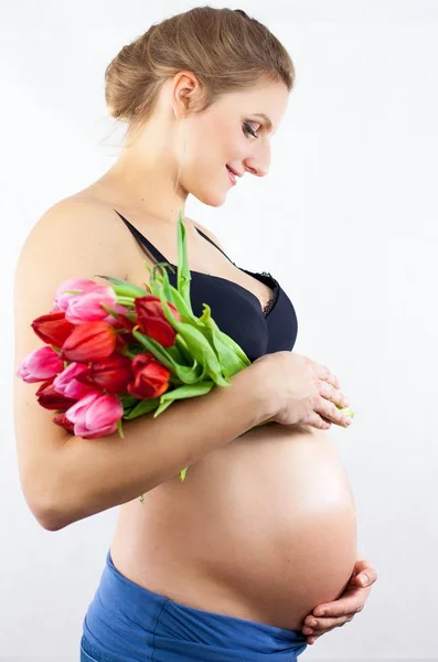 A young beautiful pregnant woman is holding a bouquet of tulips. Portrait of a pregnant woman on a white background. Pregnancy. Motherhood. Royalty Free Stock Photos