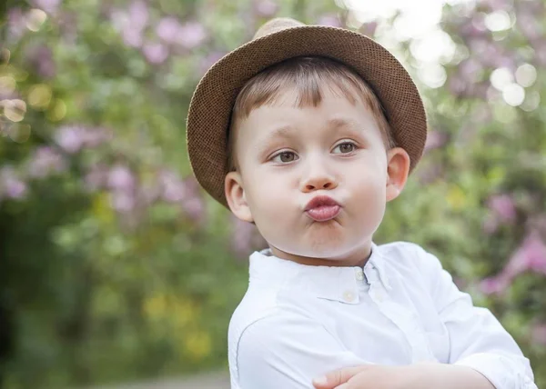 En söt liten pojke promenader i parken våren i 3 år. Varma våren. Blommande park. Porträtt av en glad liten blond pojke i en slagg. Sommar. — Stockfoto