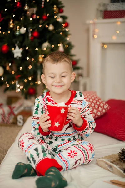 一个穿着圣诞睡衣的小男孩坐在圣诞树旁，手里拿着一大杯可可可豆和棉花糖。 圣诞节。 农历新年. — 图库照片
