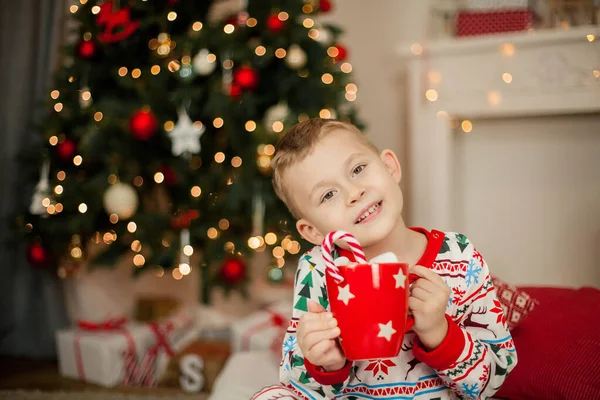 크리스마스 잠옷을 입은 한 소년 이 크리스마스 트리 근처에 앉아 마시멜로와 코코아 한 조각을 들고 있습니다. 크리스마스. 새해. — 스톡 사진