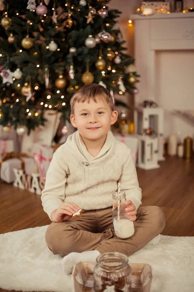 작고 귀여운 소년 이 크리스마스 트리 근처에 앉아 크리스마스 쿠키와 우유를 마십니다. 크리스마스. 새해. — 스톡 사진