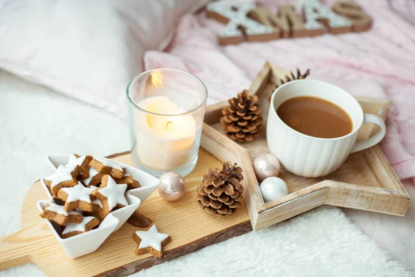 Christmas cookies stars, cocoa on a wooden board. Christmas decor, candles, plaid. — Stock Photo, Image