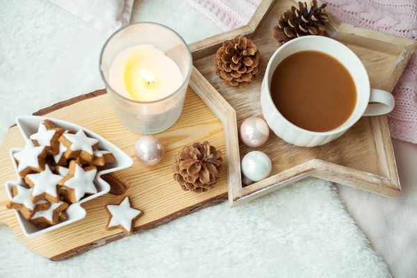 Christmas cookies stars, cocoa on a wooden board. Christmas decor, candles, plaid. — Stock Photo, Image