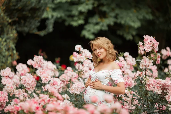 Eine schöne junge schwangere Frau spaziert durch einen Rosengarten. Porträt einer schwangeren Frau in einem Kleid. Sommer. — Stockfoto