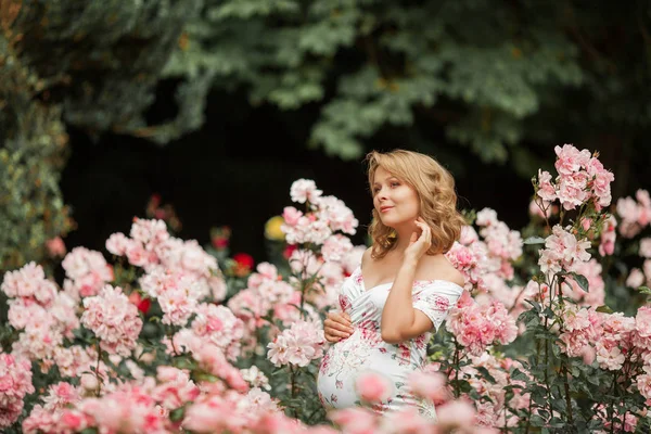 Una bella giovane donna incinta sta camminando in un giardino di rose. Ritratto di donna incinta vestita. Estate . — Foto Stock