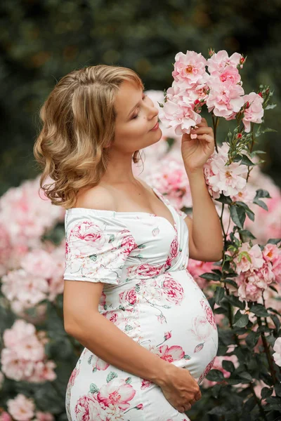 Una hermosa joven embarazada está caminando en un jardín de rosas. Retrato de una mujer embarazada con un vestido. Verano . — Foto de Stock
