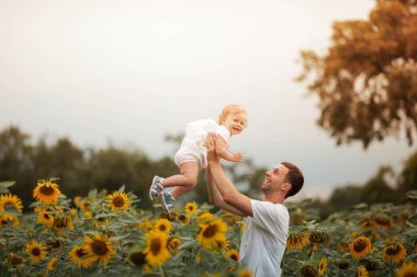 Genç güzel bir kız çocuğunu bir ayçiçeği tarlasında kollarında tutuyor. Mutlu bir aile ayçiçeği tarlasında yürüyor.
