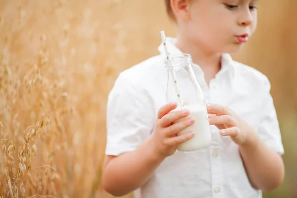 接近中だ小麦畑の少年の肖像画。少年はガラス瓶から牛乳を飲む. — ストック写真