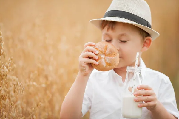 牛乳と小麦畑でロールを持つ5歳の少年の肖像画。幸せなかわいい男の子パンを食べている。ベーカリー製品. — ストック写真