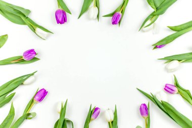 Bouquet of tulips on a white background. White and lilac tulips.