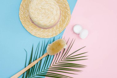 Tropical plant, women's straw hat, cream in a jar, body brush made of natural materials on a blue with pink background.