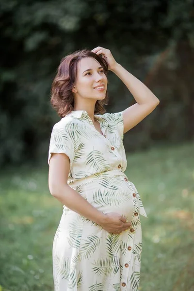 Portrait Beautiful Young Pregnant Woman Eco Dress Motherhood Family — Stock Photo, Image