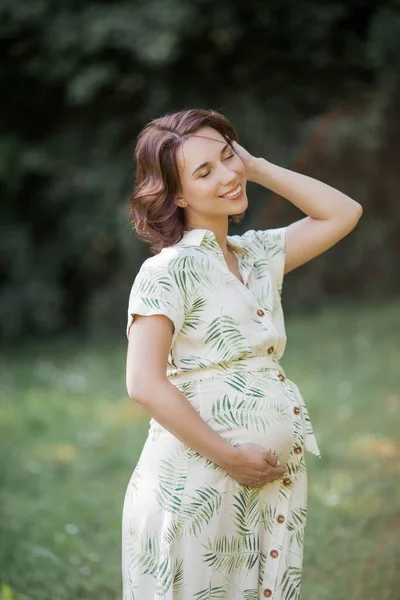 Portrait Beautiful Young Pregnant Woman Eco Dress Motherhood Family — Stock Photo, Image