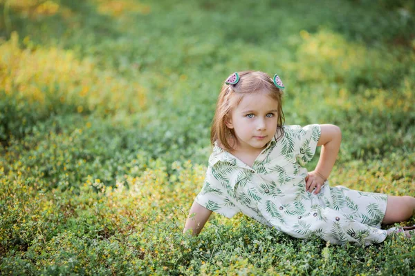 La niña linda está sentada en la hierba. Chica feliz en el parque. Verano . —  Fotos de Stock