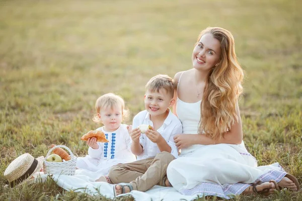 Beautiful Young Mother Her Children Boy Girl Field Picnic Heat — Stock Photo, Image