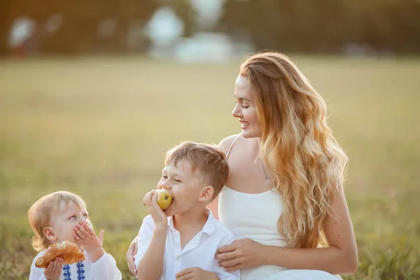 Beautiful Young Mother Her Children Boy Girl Field Picnic Heat — Stock Photo, Image