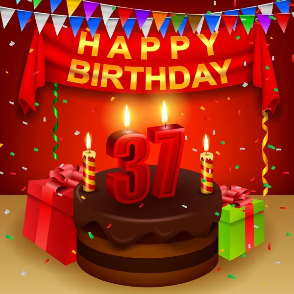 Feliz aniversário de 37 anos com bolo de creme de chocolate e bandeira triangular —  Vetores de Stock
