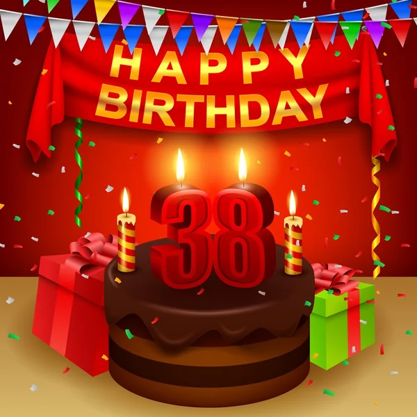 Feliz aniversário de 38 anos com bolo de creme de chocolate e bandeira triangular —  Vetores de Stock
