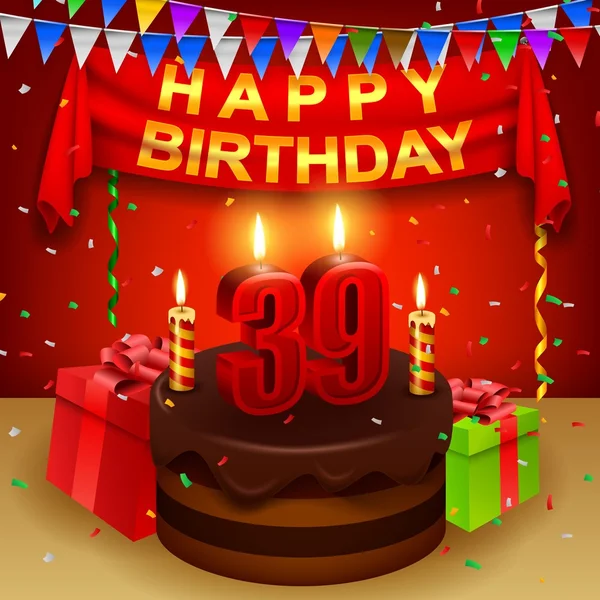 Szczęśliwy 39th Birthday tort czekoladowy i trójkątne flagi — Wektor stockowy